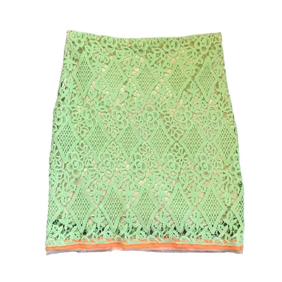 Elie Tahari Neon Green Bella Lace Pencil Skirt Silk Trim Dopamine Summer Size 4 - Picture 1 of 8